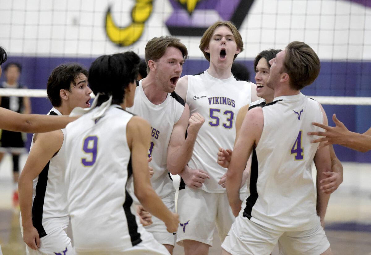 The Valencia boys celebrate their lead in the second set against Quartz Hill at Valencia High on Wednesday, 050124.  