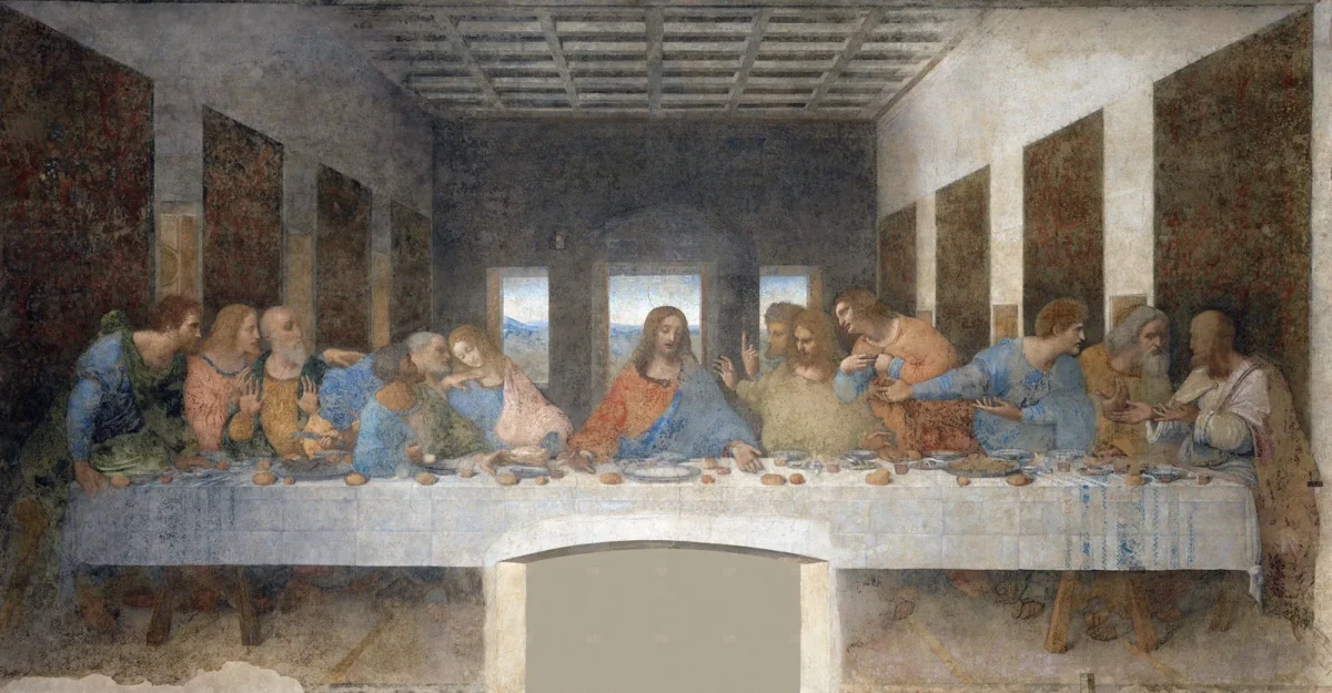 Leonardo da Vinci: Last Supper, wall painting by Leonardo da Vinci, c. 1495–98, after its 1999 restoration; in Santa Maria delle Grazie, Milan.