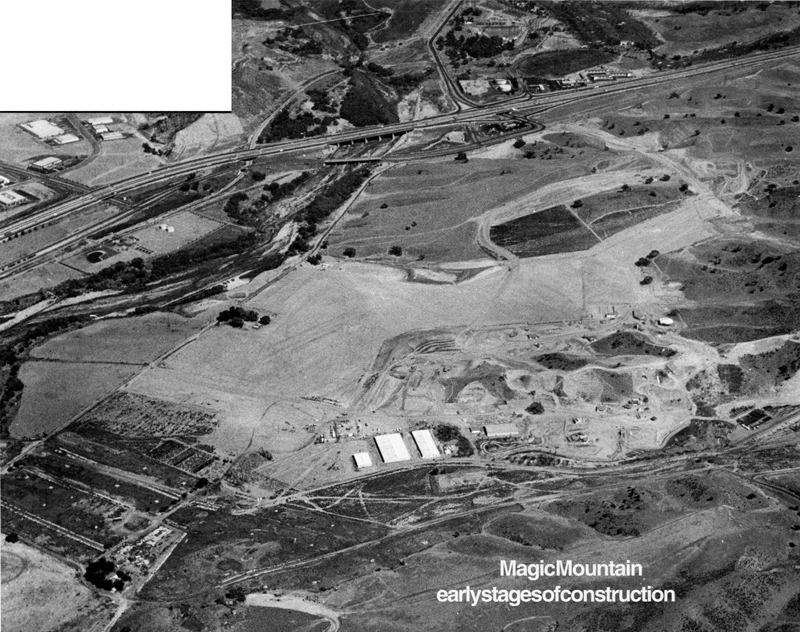 Earliest known aerial photograph of Magic Mountain under construction, November/December 1969. The view is eastward, showing Interstate 5 (which had recently replaced Highway 99) and the area that would become the Valencia Industrial Center.