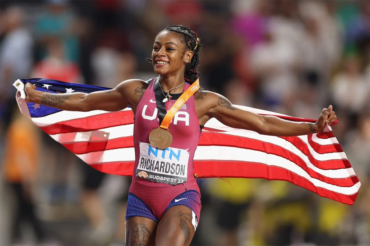  Sha'Carri Richardson of the United States after winning the gold medal in the 100-meter dash at the world championships in Budapest, 2023. 