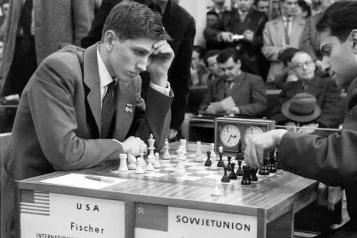 Bobby Fischer contemplating his next move during a match.