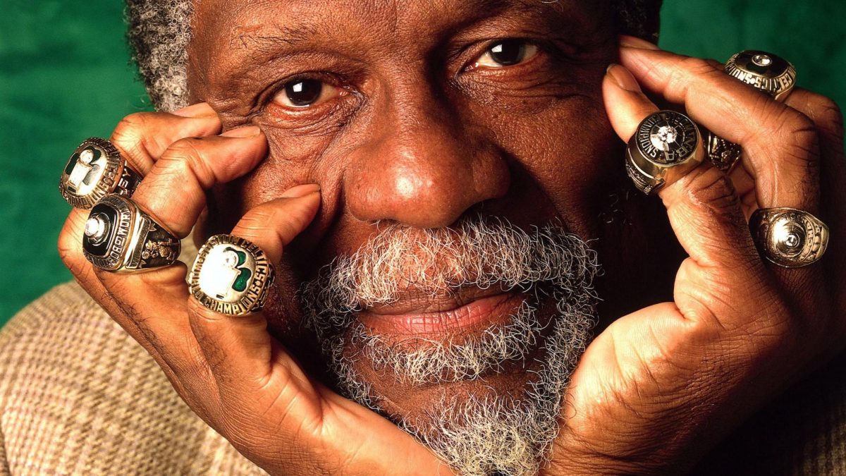 Bill Russel with his NBA rings.