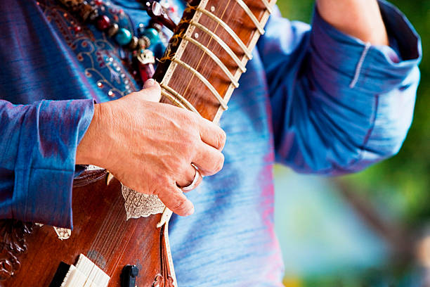 Close up of musician playing a sitar.