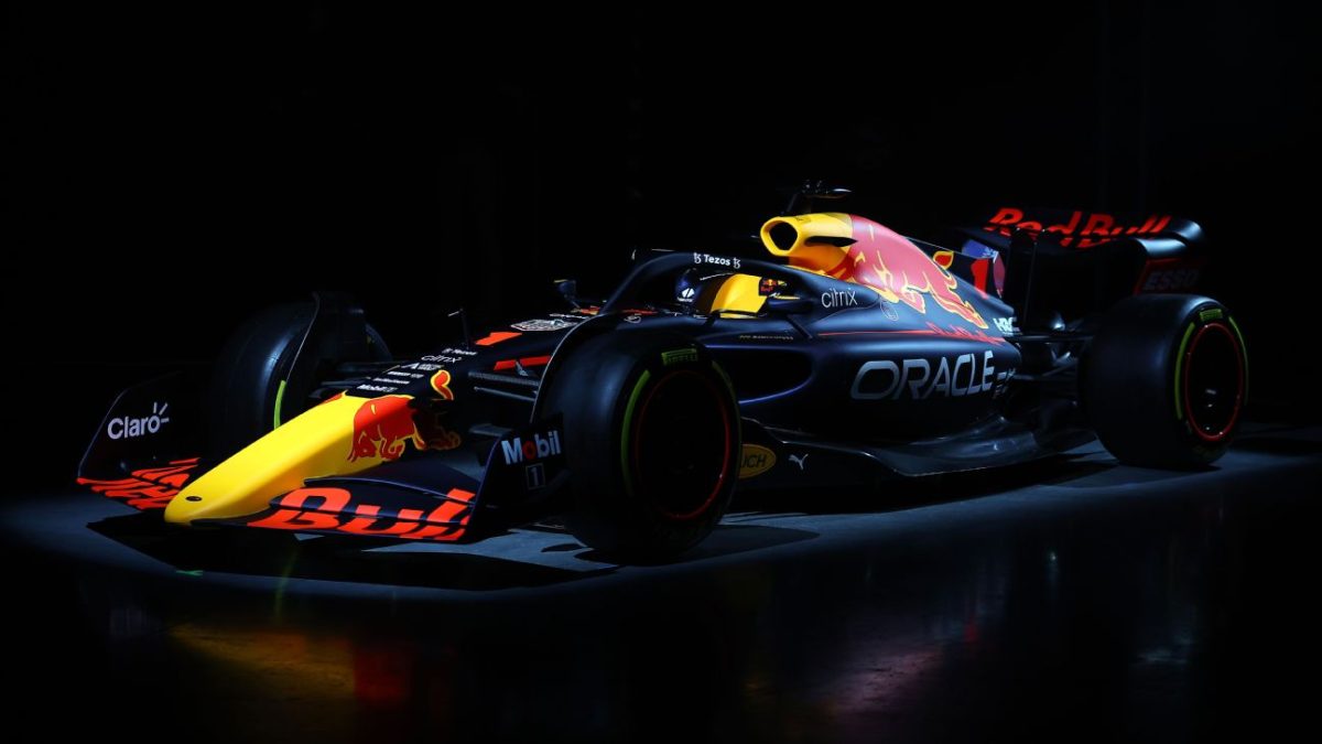 Images of Max verstappen's Red Bull racing car in a black background.