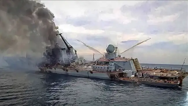 The Sinking of the Russian Missile Cruiser RFN Moskva is seen sinking. 